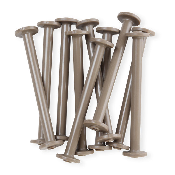 Set of 10 Ashford boat shuttle bobbins made of durable brown nylon, shown unboxed and ready for use in weaving.