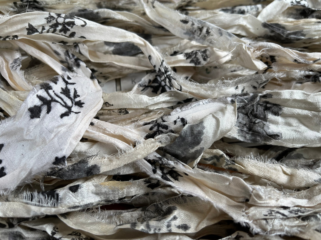 Salt & Pepper Floral Print Recycled Sari Silk Ribbon
