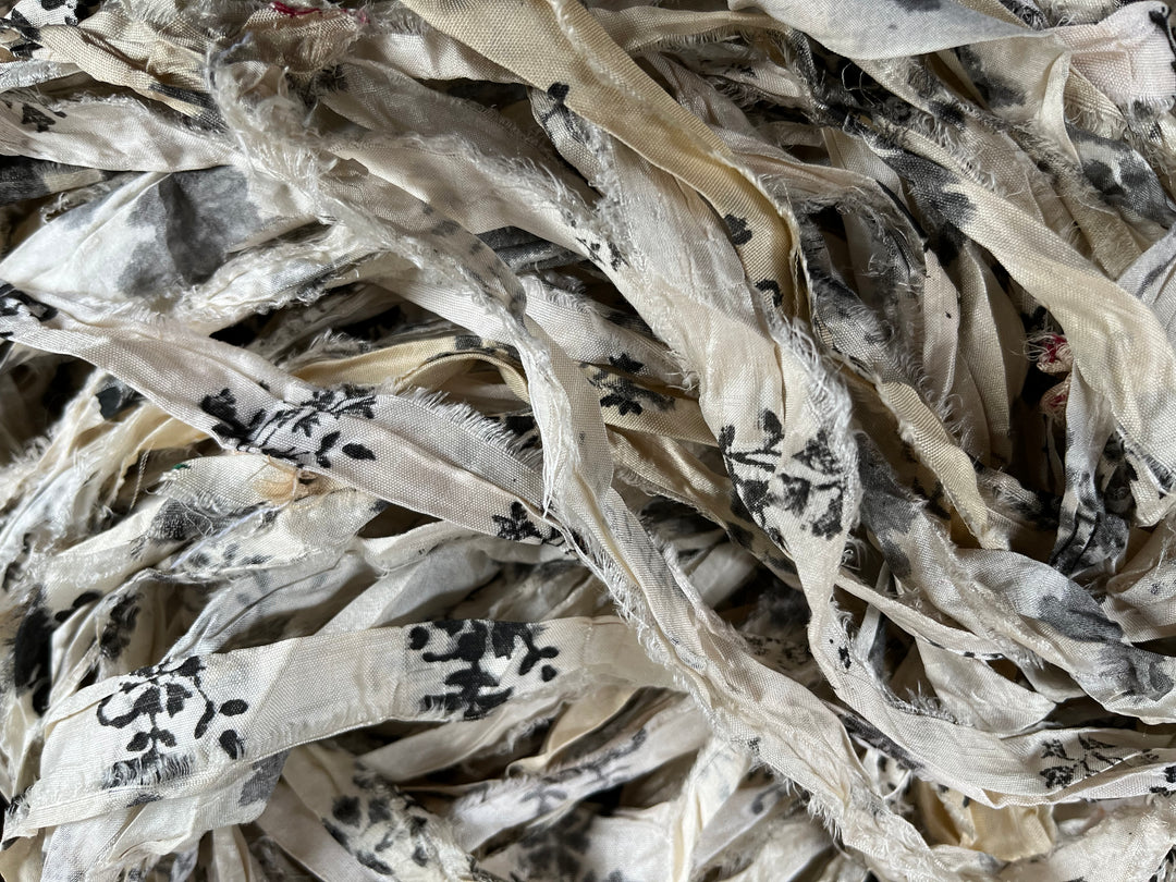 Salt & Pepper Floral Print Recycled Sari Silk Ribbon