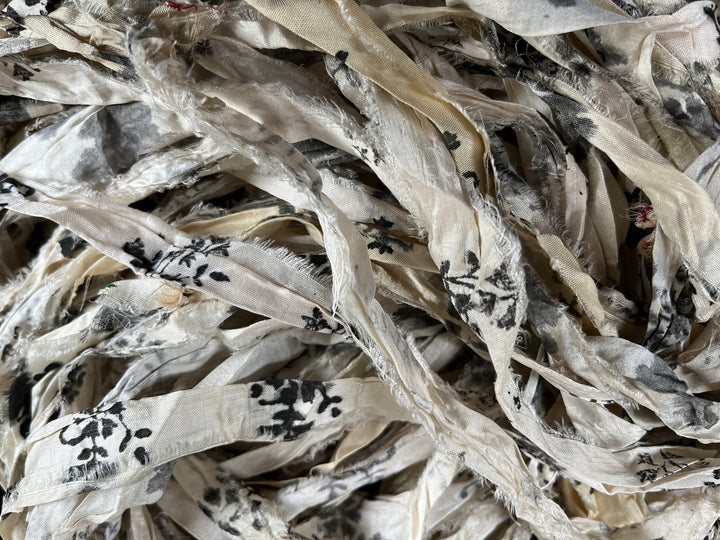 Salt & Pepper Floral Print Recycled Sari Silk Ribbon