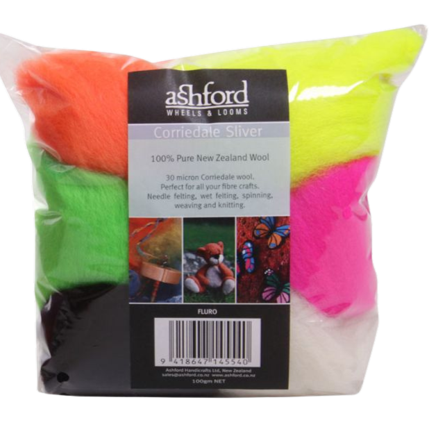 Ashford Corriedale Sliver Pack Fluro displayed with bold fluorescent colors like Lime, Pink, and Blue, alongside neutrals Licorice and White.
