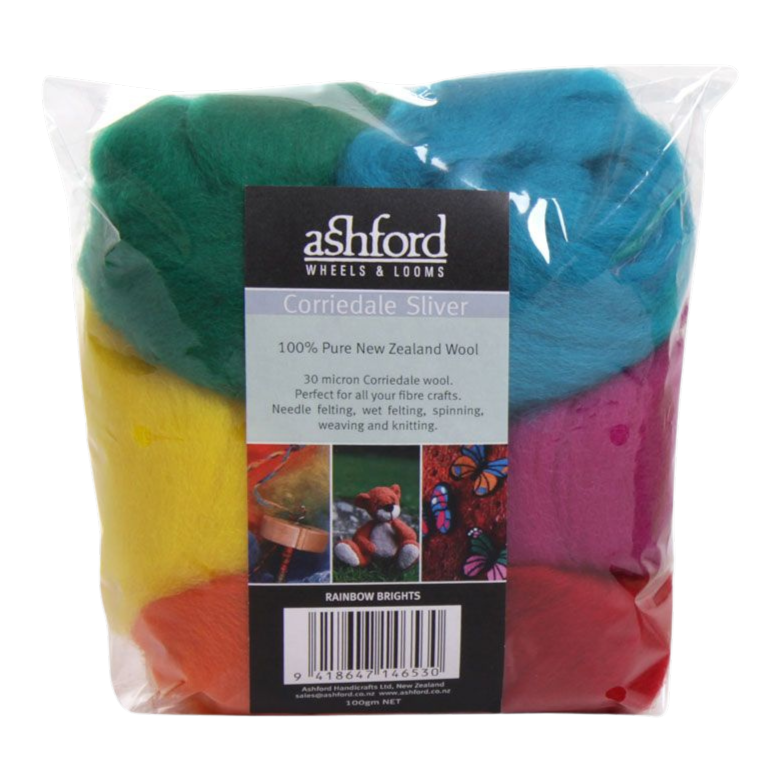 Ashford Corriedale Sliver Pack Rainbow Brights arranged in a vibrant display with shades like Scarlet, Turquoise, and Magenta for colorful projects.