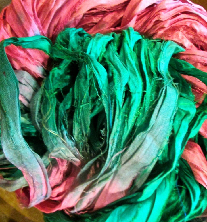 Watermelon Recycled Sari Silk Thin Ribbon Yarn