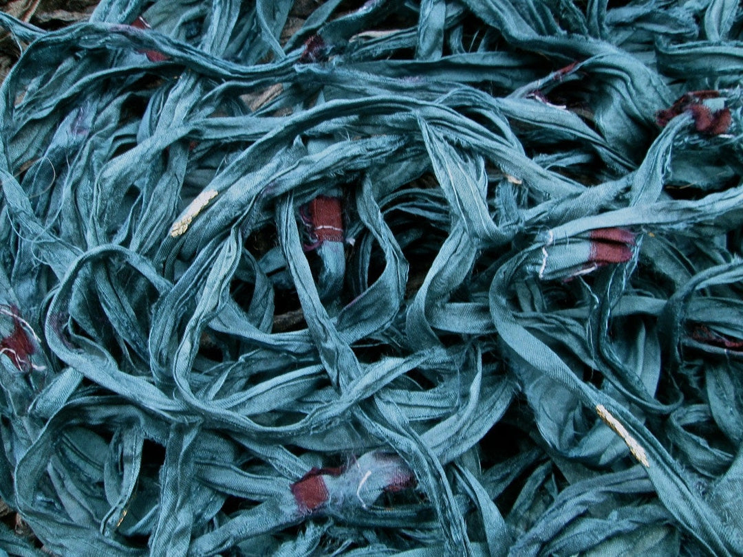Deep Smokey Teal Recycled Sari Silk Ribbon Yarn