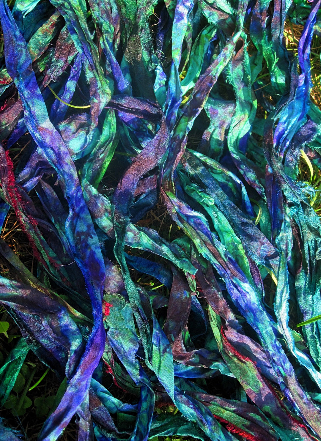 Blue & Green Tie Dye Peacock Feather Multi Recycled Sari Silk Ribbon