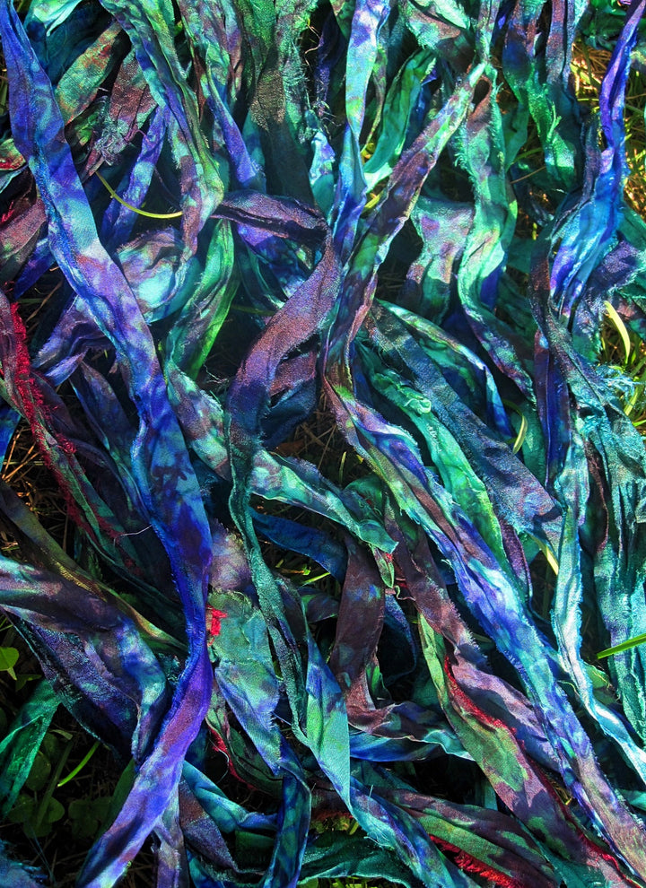 Blue & Green Tie Dye Peacock Feather Multi Recycled Sari Silk Ribbon