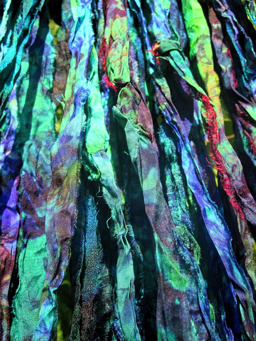 Blue & Green Tie Dye Peacock Feather Multi Recycled Sari Silk Ribbon