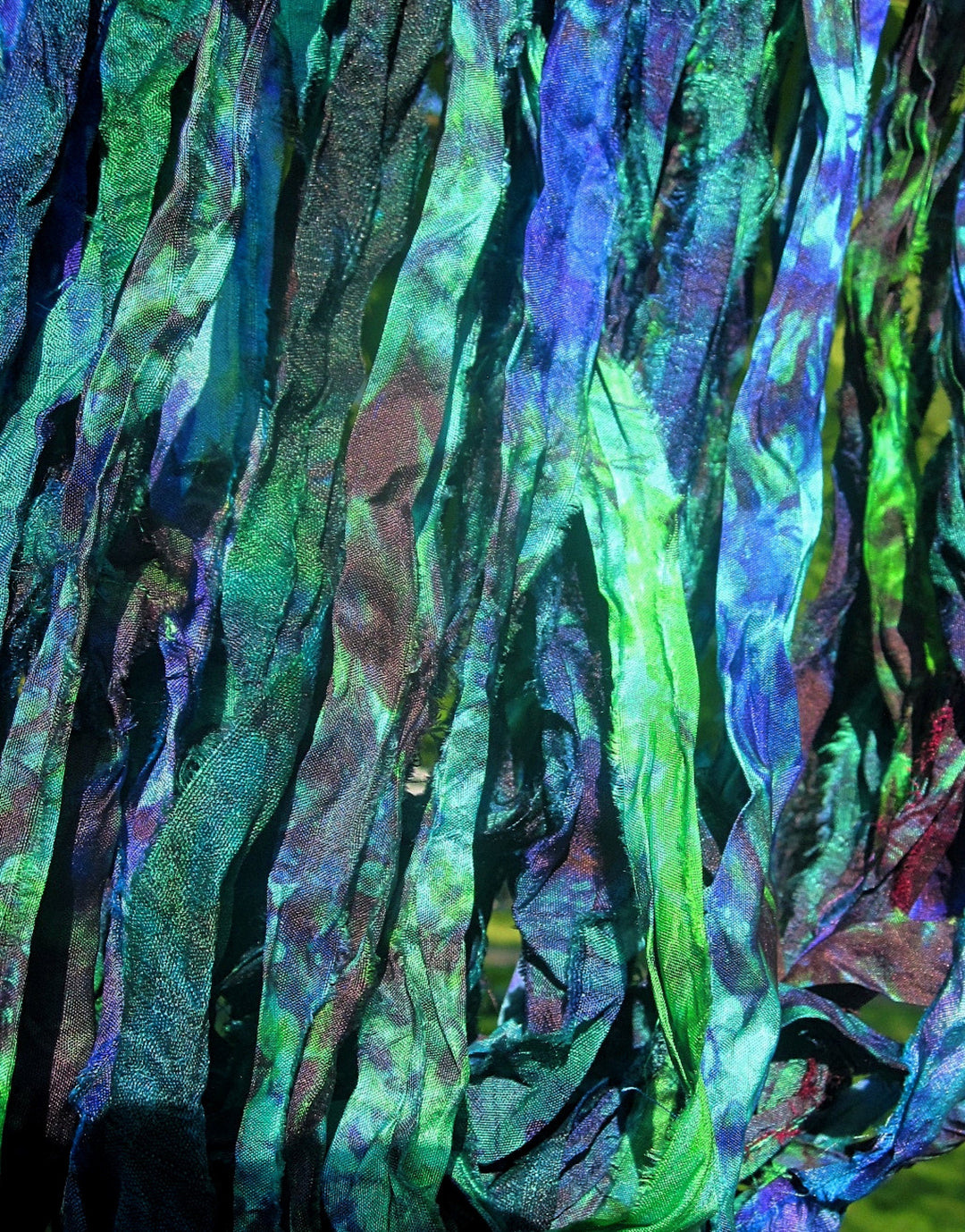 Blue & Green Tie Dye Peacock Feather Multi Recycled Sari Silk Ribbon