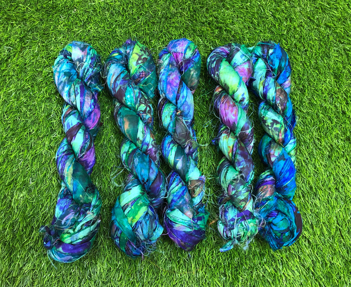 Blue & Green Tie Dye Peacock Feather Multi Recycled Sari Silk Ribbon