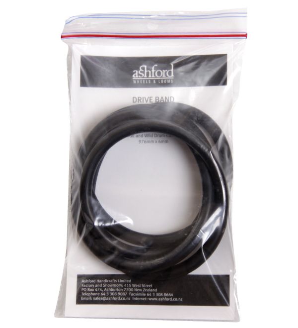 Ashford Drive Band Belt for Ashford Drum Carders coiled and shown inside original Ashford packaging.