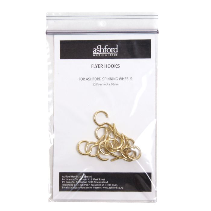 Replacement flyer hooks for Ashford spinning wheels with hook-style flyers. Easy screw-in design. Compatible with Traditional, Traveller, and more.