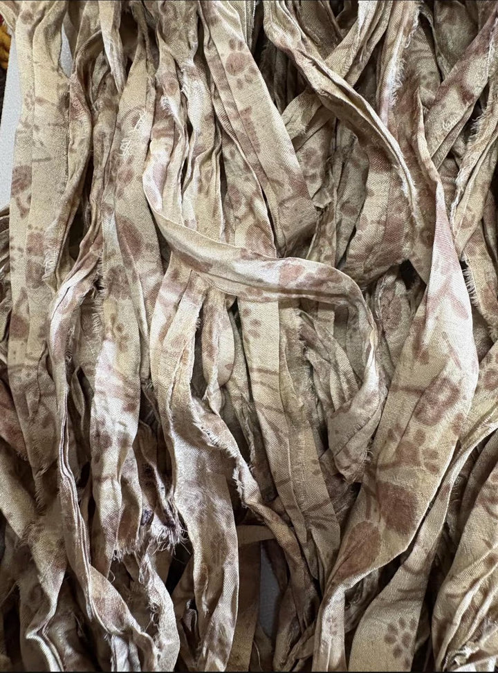 Latte Floral and Paisley Print Recycled Sari Silk Ribbon