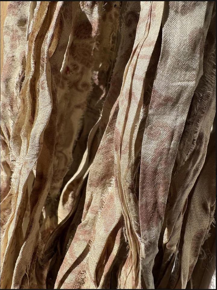 Latte Floral and Paisley Print Recycled Sari Silk Ribbon