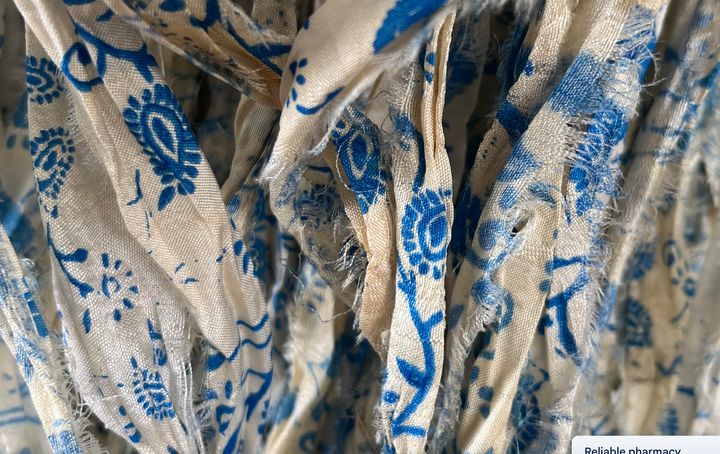 NEW Retro Print Blue/White/Ivory Recycled Sari Silk Ribbon