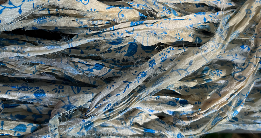 NEW Retro Print Blue/White/Ivory Recycled Sari Silk Ribbon