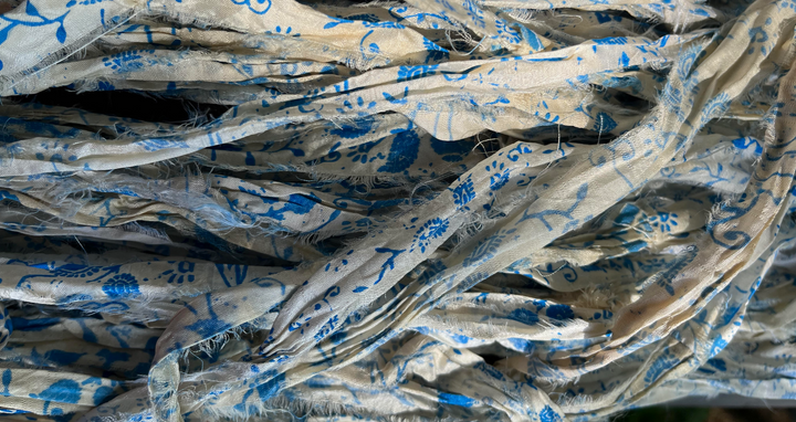 NEW Retro Print Blue/White/Ivory Recycled Sari Silk Ribbon