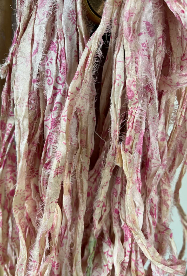 NEW Retro Print Pink/White/Ivory Recycled Sari Silk Ribbon