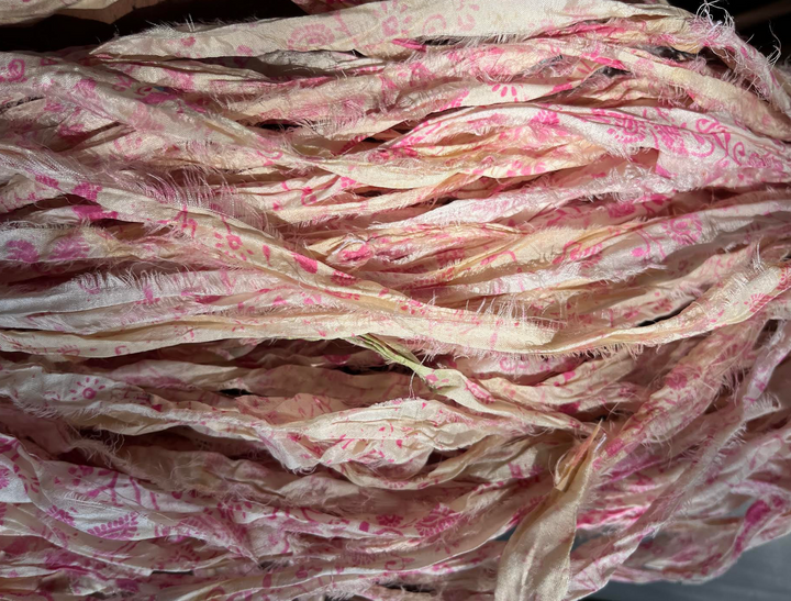 NEW Retro Print Pink/White/Ivory Recycled Sari Silk Ribbon