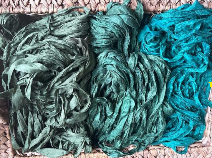 Earthy Greens You Choose Recycled Sari Silk Eyelash Ribbon 5 yards, 10 yards or Full Skein