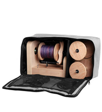 Load image into Gallery viewer, Portable Ashford e-Spinner 3 in a carry bag with accessories, ready for textile arts workshop
