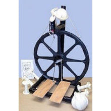 Load image into Gallery viewer, Craft artisanal yarns with the white double treadle Babe&#39;s Production Spinning Wheel, an economical yet high-performing addition to any fiber artist&#39;s toolkit.
