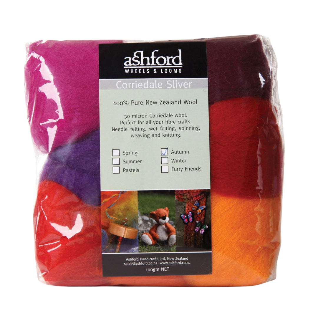Ashford Corriedale Sliver Pack 7 Color autumn displayed in a vibrant array of Scarlet, Orange, Purple, Magenta, Tangerine, Chili Pepper, and Raspberry
