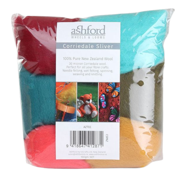 Ashford Corriedale Sliver Pack Aztec with rich colors like Cherry Red, Coral, and Spearmint, arranged for creative inspiration.