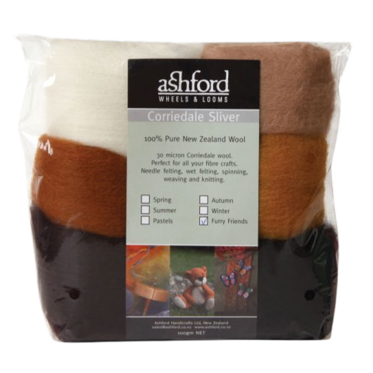 Ashford Corriedale Sliver Pack Furry Friends with earthy tones like Chocolate, Butterscotch, and Licorice arranged for crafting inspiration