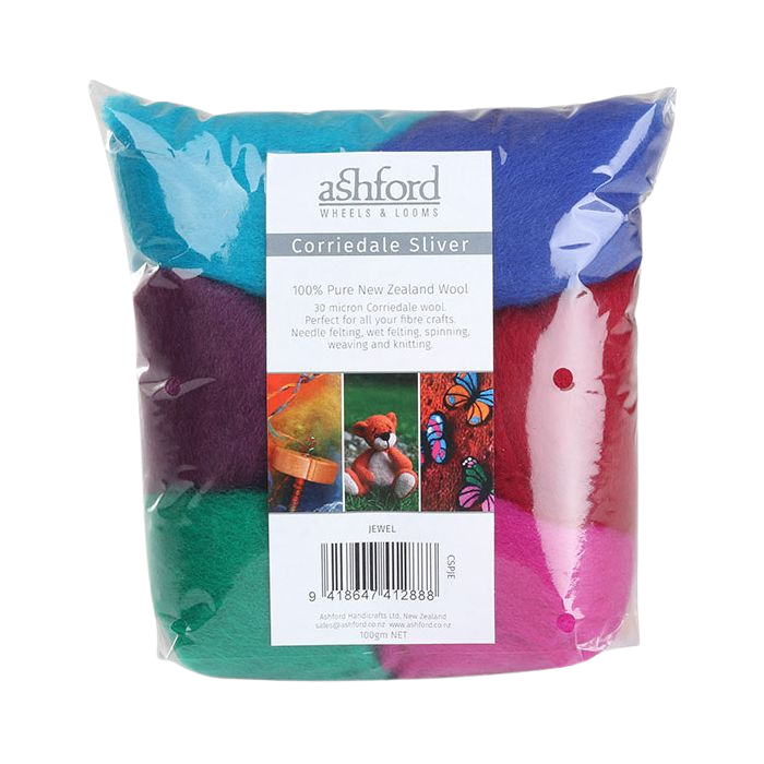 Ashford Corriedale Sliver Pack 7 Color Jewel displayed in vibrant rolls, showcasing its rich Amethyst, Blue, Butterscotch, Cherry Red, Green, Magenta, and Turquoise hues.