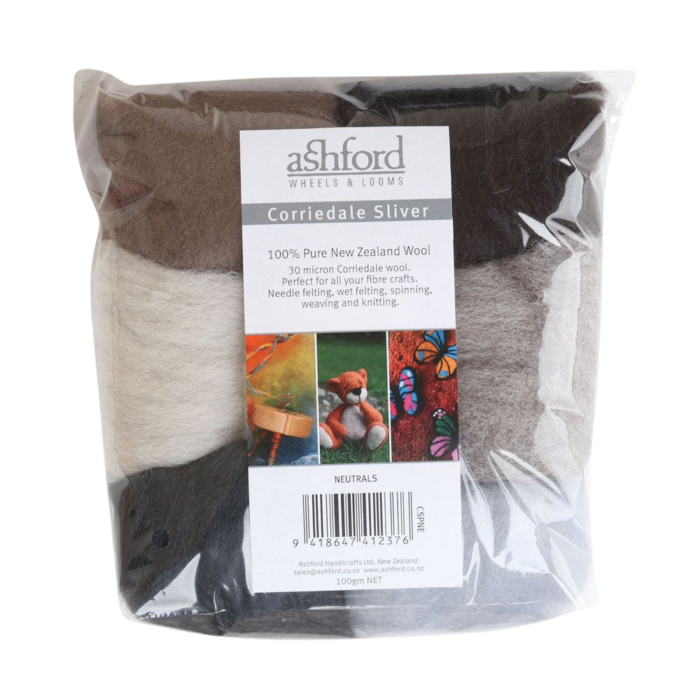 Ashford Corriedale Sliver Pack 7 Color Neutrals displayed neatly, showcasing shades like Fog, Truffle, Slate, and White for elegant fiber projects.
