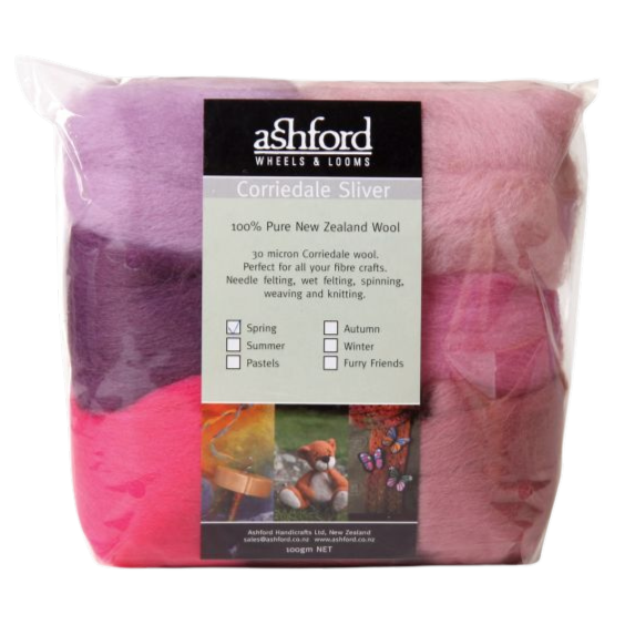 Ashford Corriedale Sliver Pack Spring displayed in soft pastel shades like Cupcake and Candy Floss, ideal for fiber art projects.