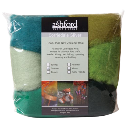 Ashford Corriedale Sliver Pack Summer featuring vibrant green shades like Green Tea, Kiwifruit, and Bean Sprout for fiber art projects.