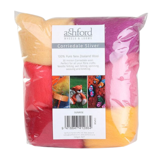 Ashford Corriedale Sliver Pack Sunrise with radiant colors like Coral, Tangerine, and Cheesecake, arranged to inspire fiber art creations