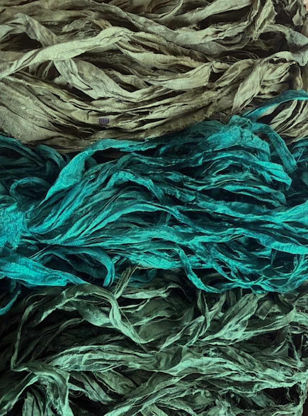 Earthy Greens You Choose Recycled Sari Silk Eyelash Ribbon 5 yards, 10 yards or Full Skein