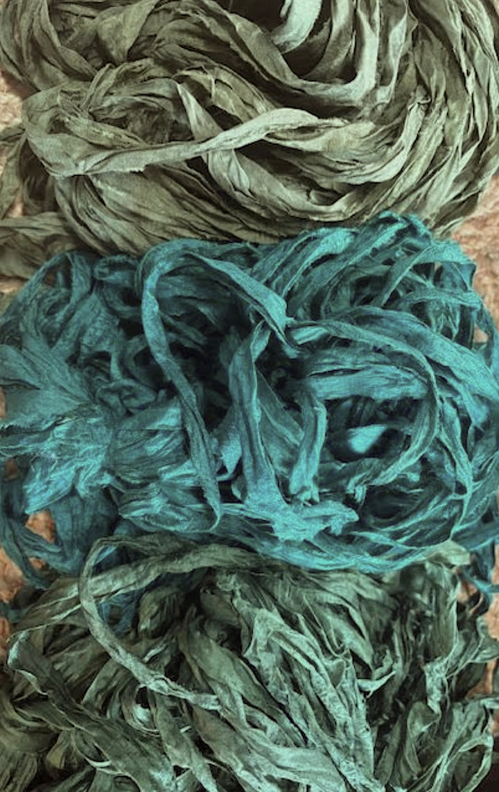 Earthy Greens You Choose Recycled Sari Silk Eyelash Ribbon 5 yards, 10 yards or Full Skein