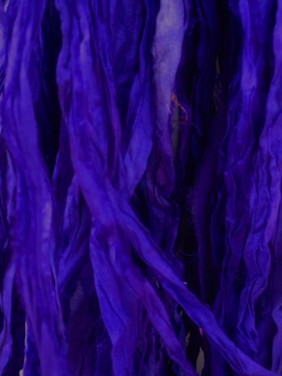 Full-length display of Electric Violet Recycled Sari Silk Ribbon, emphasizing the eco-friendly and vibrant appeal for fiber arts.