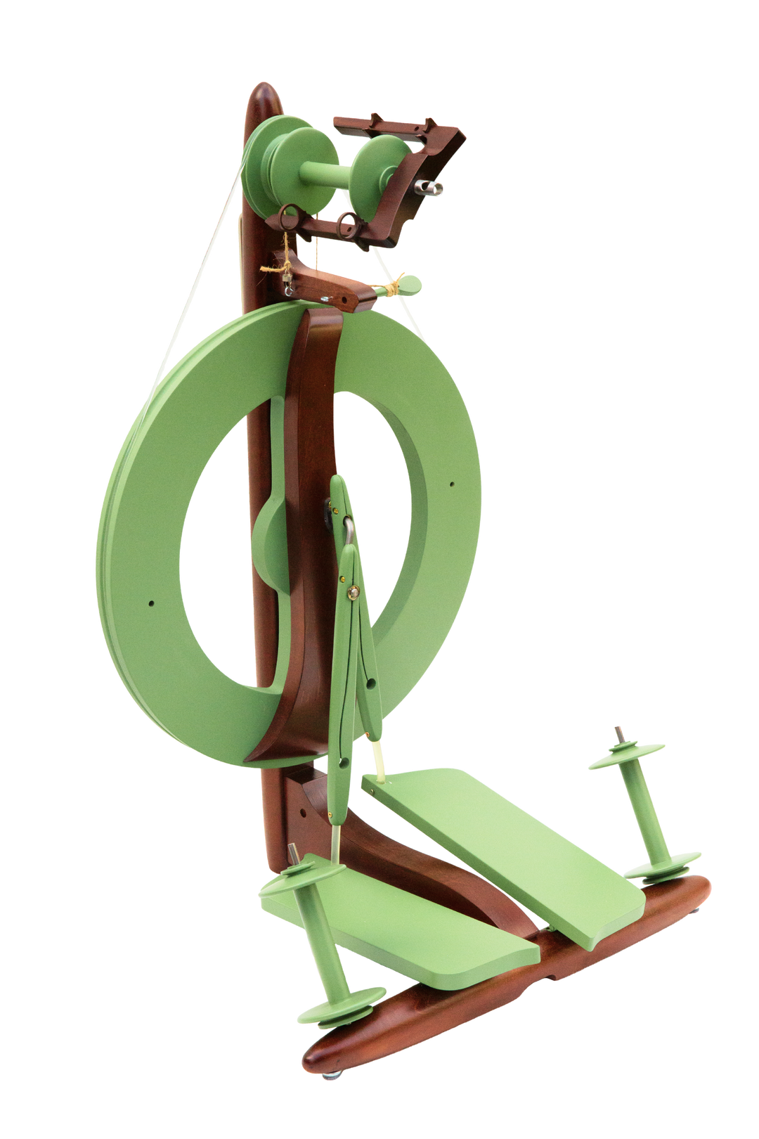 Kromski's meadow green fantasia spinning wheel and brown frame on a white background