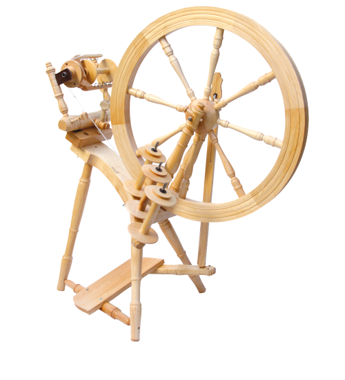 A beautifully crafted Kromski Interlude Spinning Wheel featuring a clear natural wood finish that highlights the grain, providing a classic look for spinners who value both function and form.