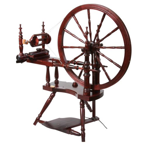 The Kromski Polonaise spinning wheel in mahogany offers an opulent touch to fiber arts, with its deep, rich tones and smooth functionality ideal for artisan yarn crafting.