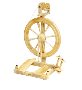The Kromski Sonata spinning wheel in a clear finish showcases the natural beauty of the wood while offering a portable and versatile spinning experience for fiber artists.