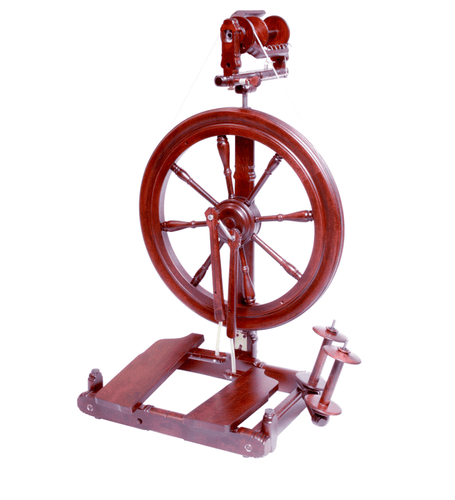 The Kromski Sonata spinning wheel in a deep mahogany finish combines the warmth of rich wood with the precision of modern craftsmanship, perfect for any fiber art project