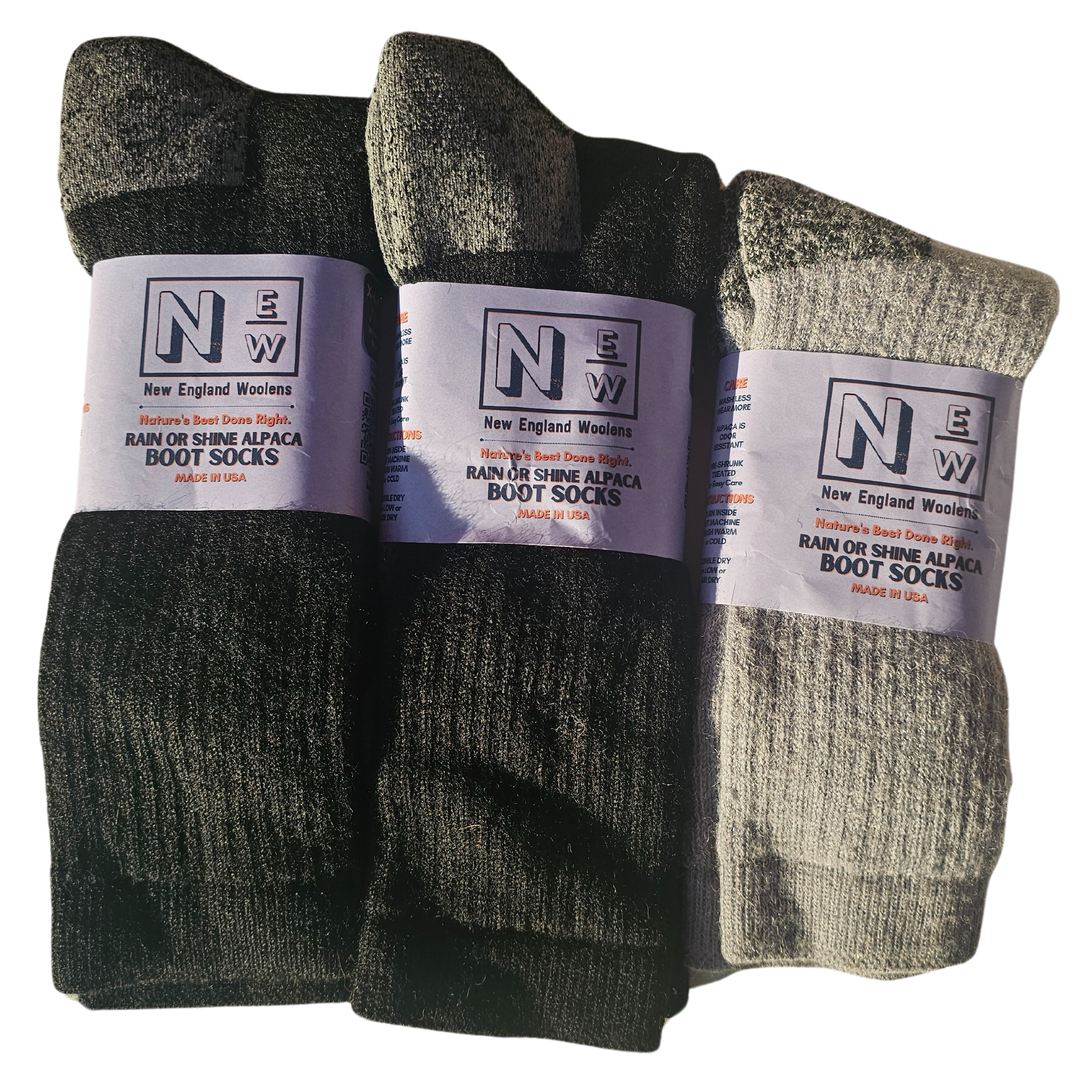 Close-up of New England Woolens' Alpaca Socks emphasizing their durable knit and sustainable materials, perfect for winter wear.