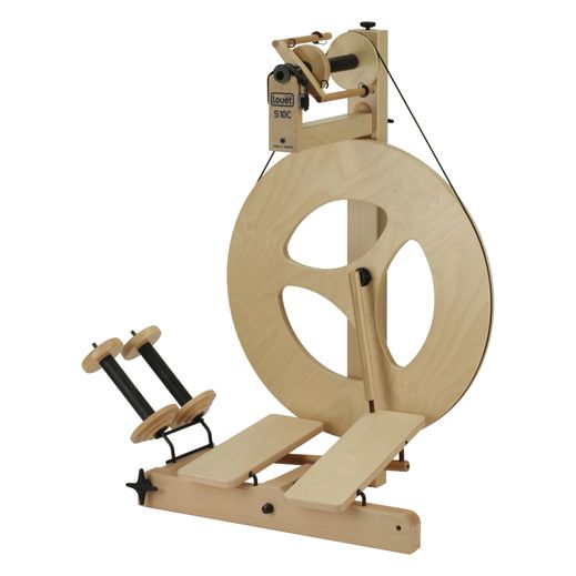 A sleek spinning wheel, the S10 Irish Tension Dt 3-Spoke Spinning Wheel, designed for precision and versatility in fiber arts