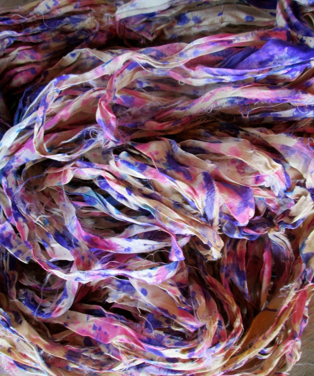 Pinkurples Recycled Sari Silk Thin Ribbon Yarn 5 or 10 Yards for Jewelry Weaving Spinning & Mixed Media