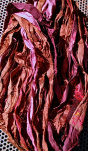 Rich Earthy Rosewood Recycled Sari Silk Ribbon Yarn 5 Yards Jewelry Weaving Spinning & Mixed Media