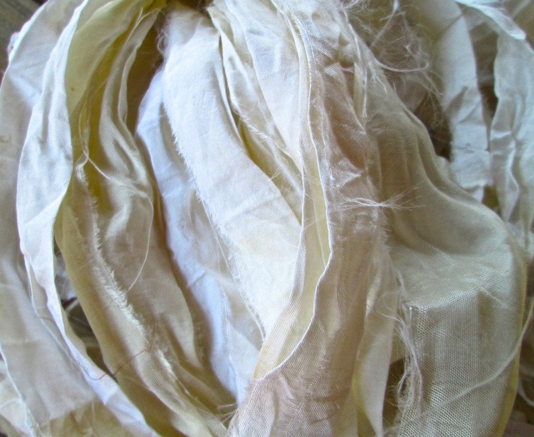 Winter Whites White, Ivory & Vanilla Tri-Color Recycled Sari Silk Thin Ribbon Yarn