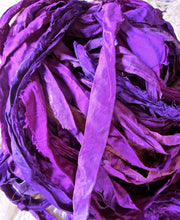 Load image into Gallery viewer, Ultraviolet Deep Moody Purple Recycled Sari Silk Thin Ribbon 5 - 10 Yards Jewelry Weaving Spinning Mixed Media SUPER FAST SHIPPING!
