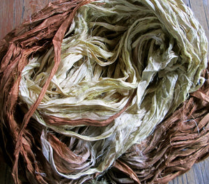 Mocha Latte Recycled Sari Silk Thin Ribbon Yarn 5 Yards for Jewelry Weaving Spinning & Mixed Media