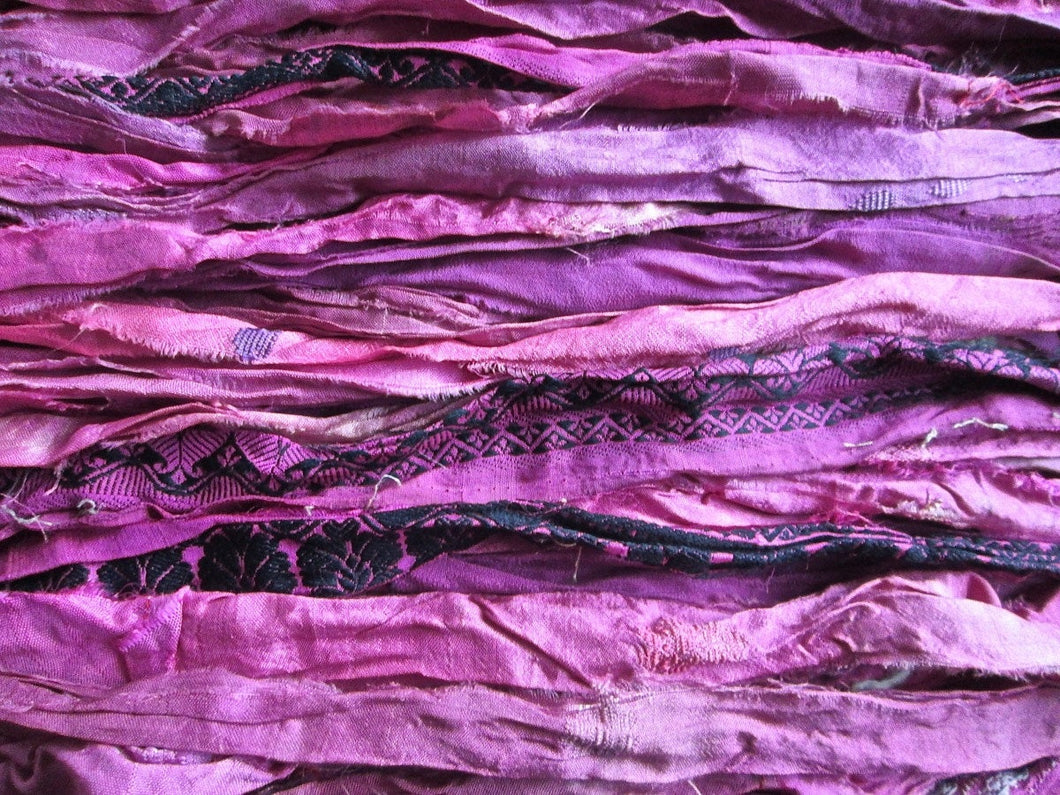Fuchsia Recycled Sari Silk Eyelash Ribbon 5 - 10 Yards Jewelry Weaving Boho SUPER FAST SHIPPING!