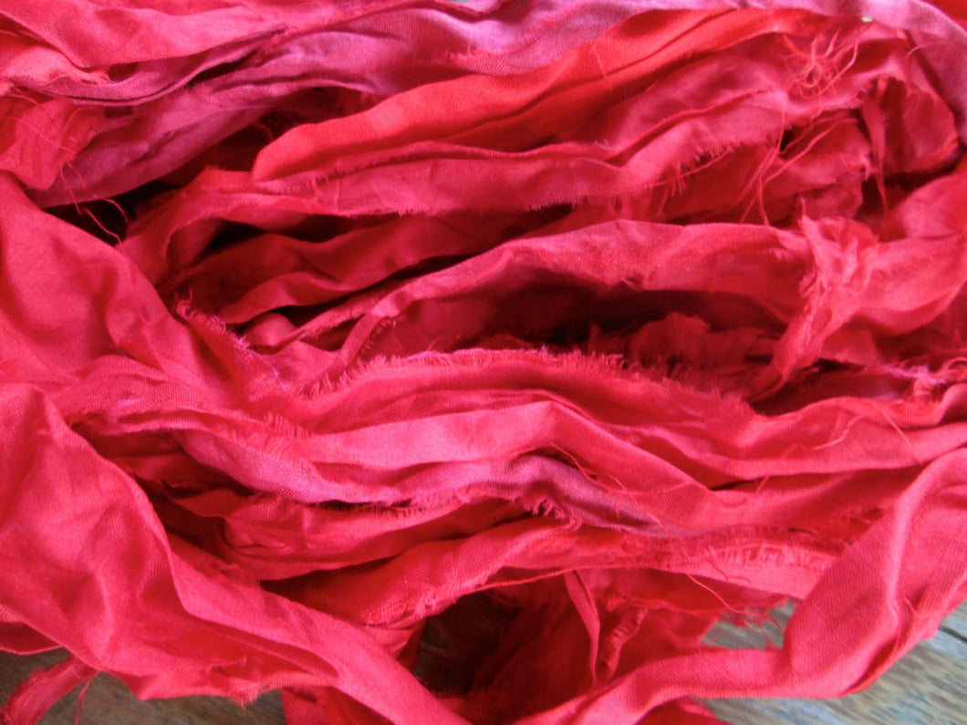 Cardinal Recycled Sari Silk Ribbon 5 or 10 Yards Wide Ribbon for Yarn Jewelry Weaving Spinning